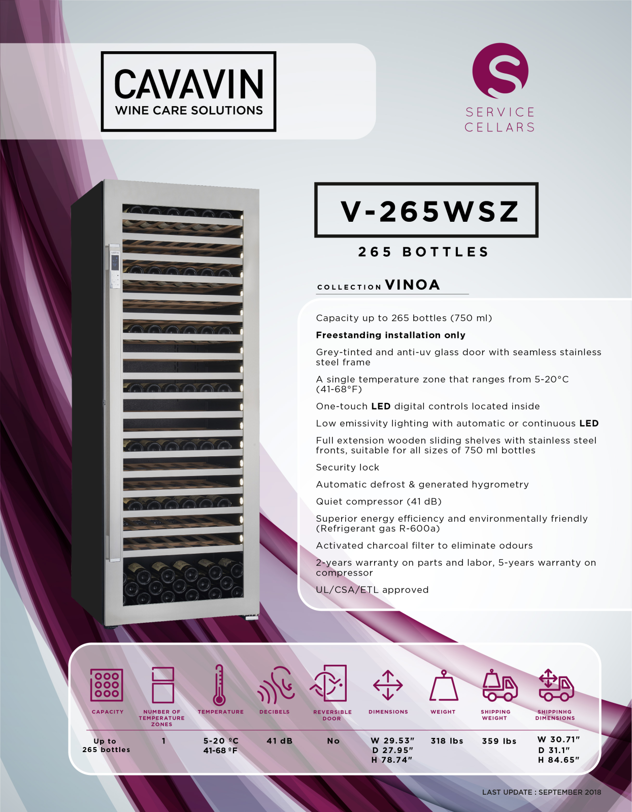 Cavavin V265WSZ PRODUCT SPECIFICATIONS