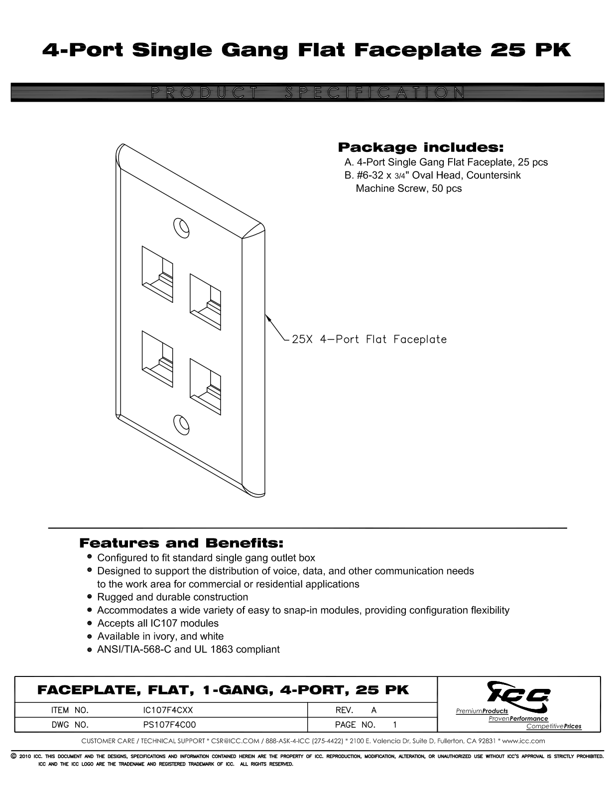 ICC IC107F4CIV, IC107F4CWH Specsheet