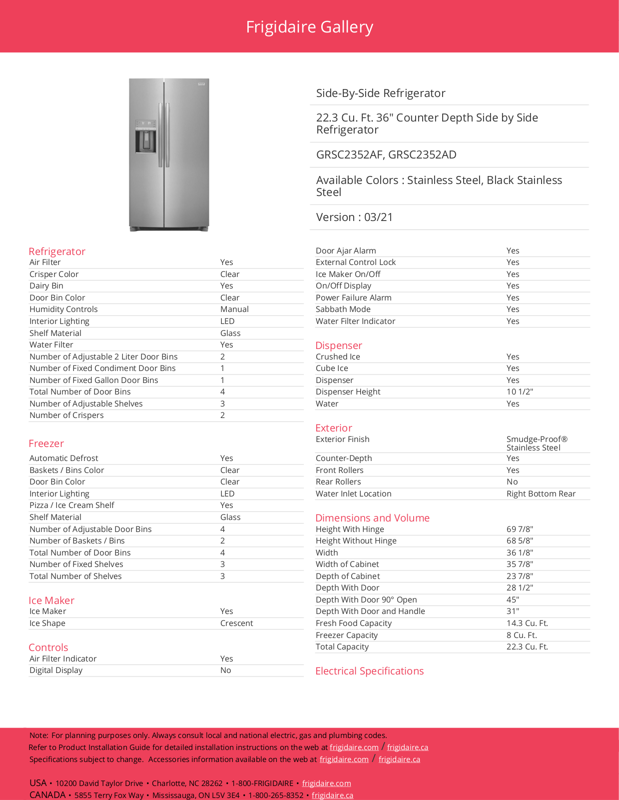 Frigidaire GRSC2352AF, GRSC2352AD Specification Sheet