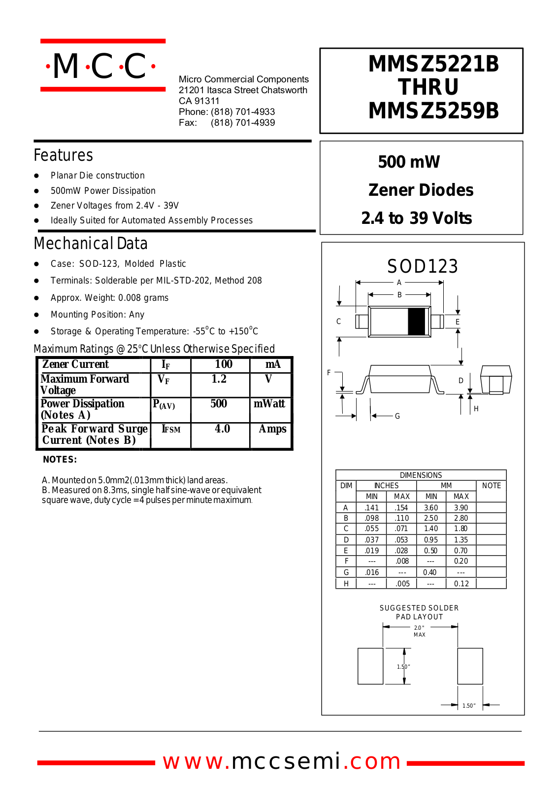 MCC MMSZ5251B, MMSZ5254B, MMSZ5259B, MMSZ5258B, MMSZ5248B Datasheet