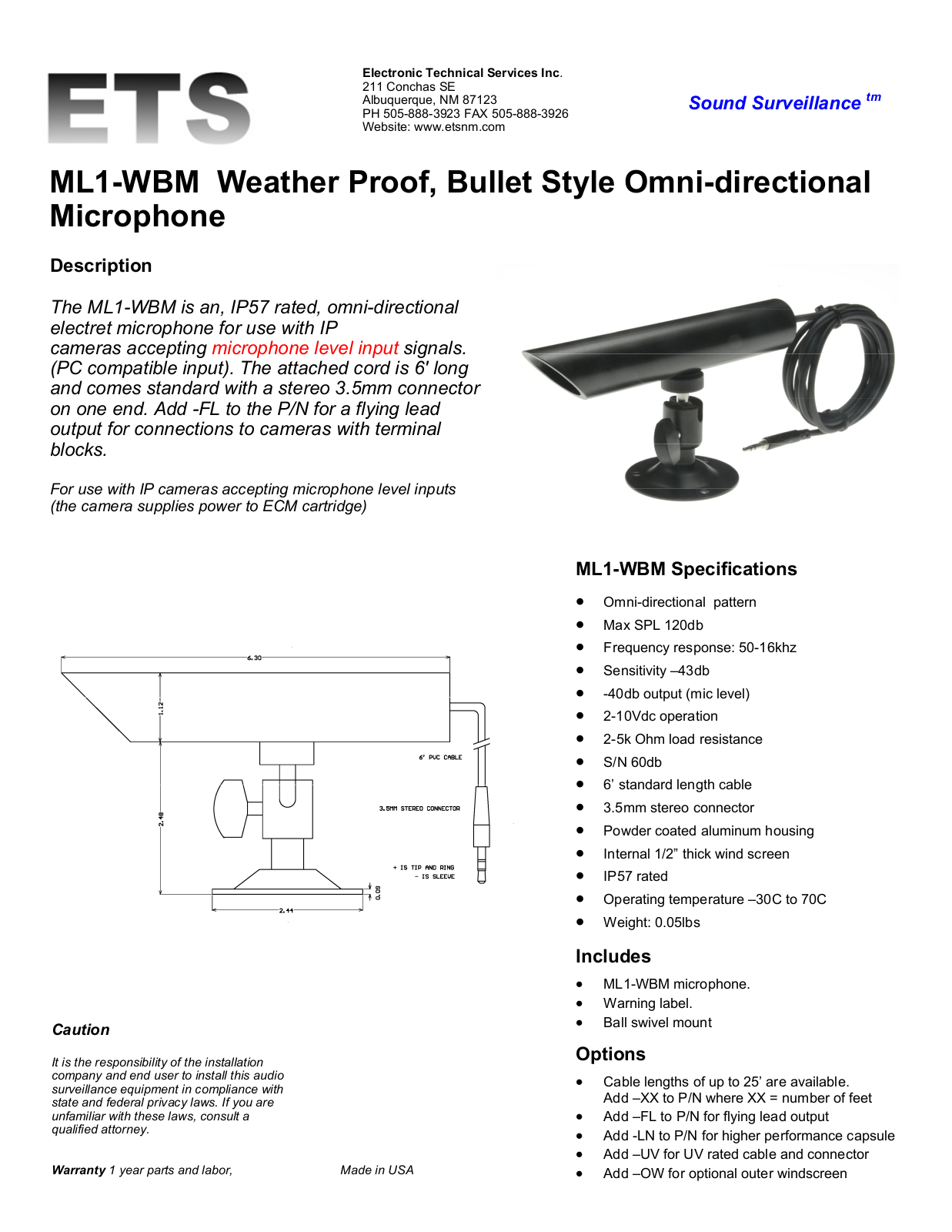 ETS ML1-WBM Specsheet