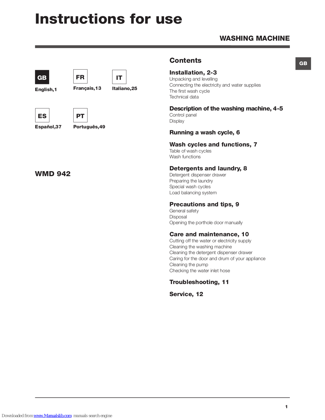 Hotpoint WMD 942 Instructions For Use Manual