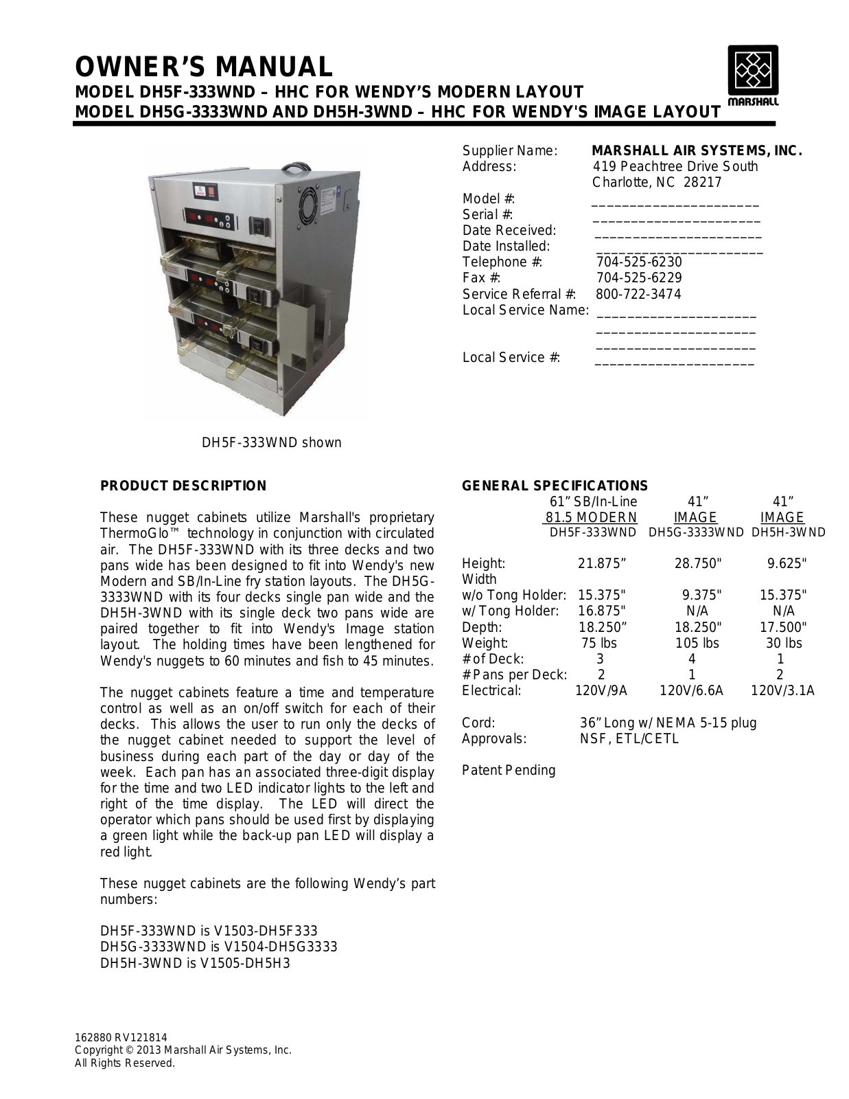 Marshall Air DH5F-333WND Service Manual