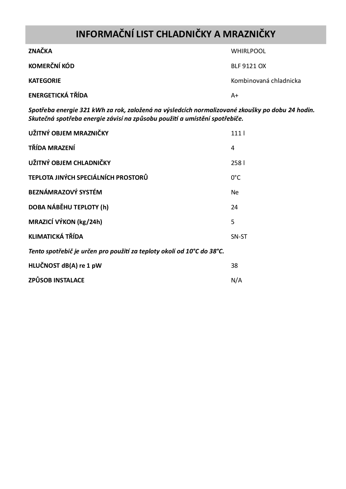 Whirlpool BLF 9121 OX User Manual