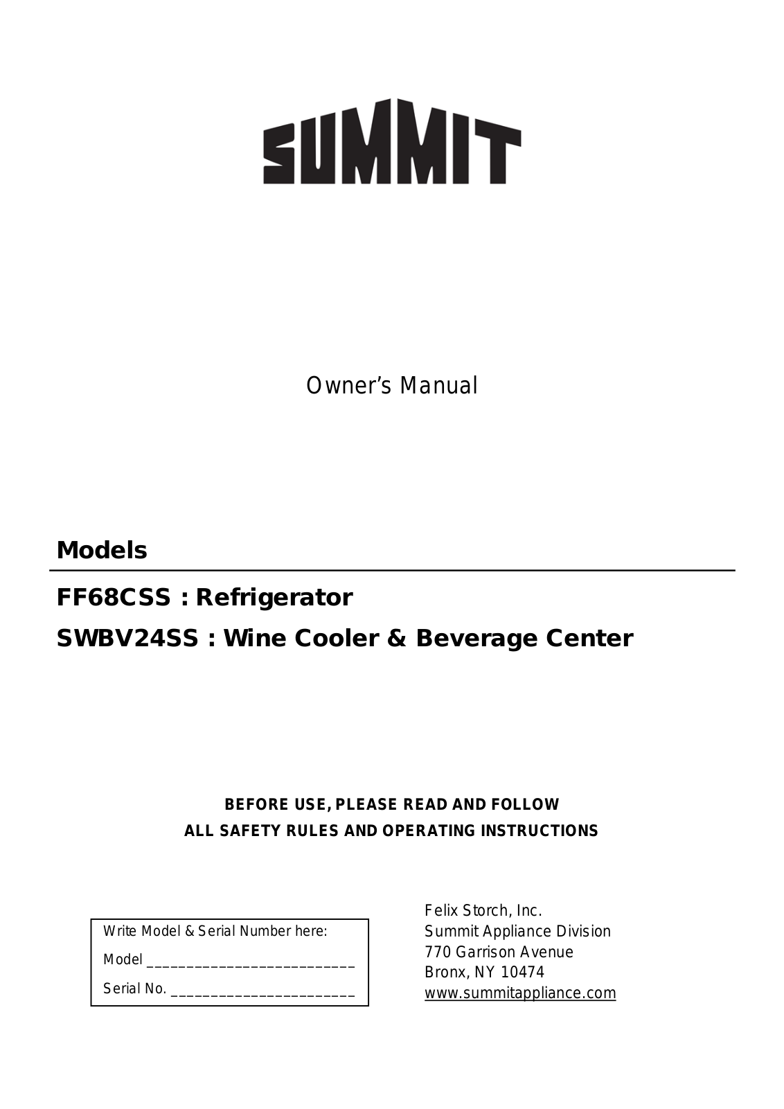 Summit FF68CSS User Manual