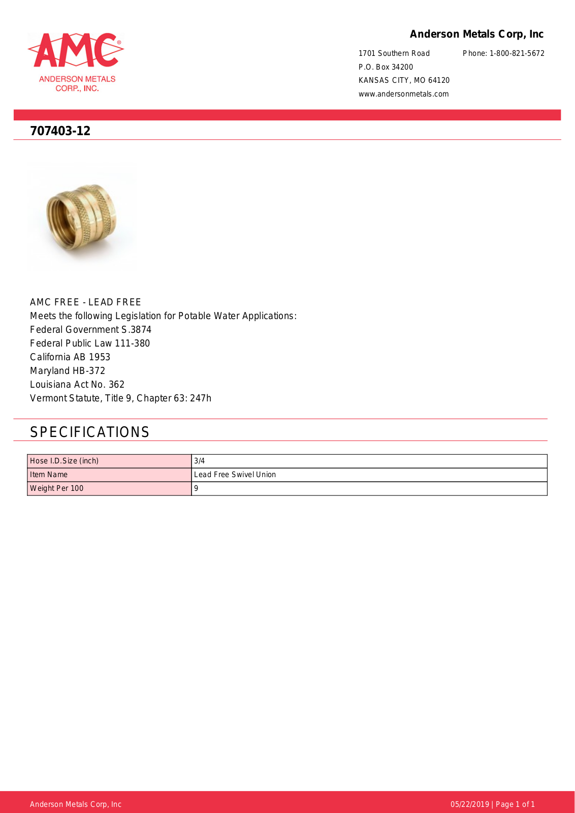 Anderson Metals 707403-12 User Manual