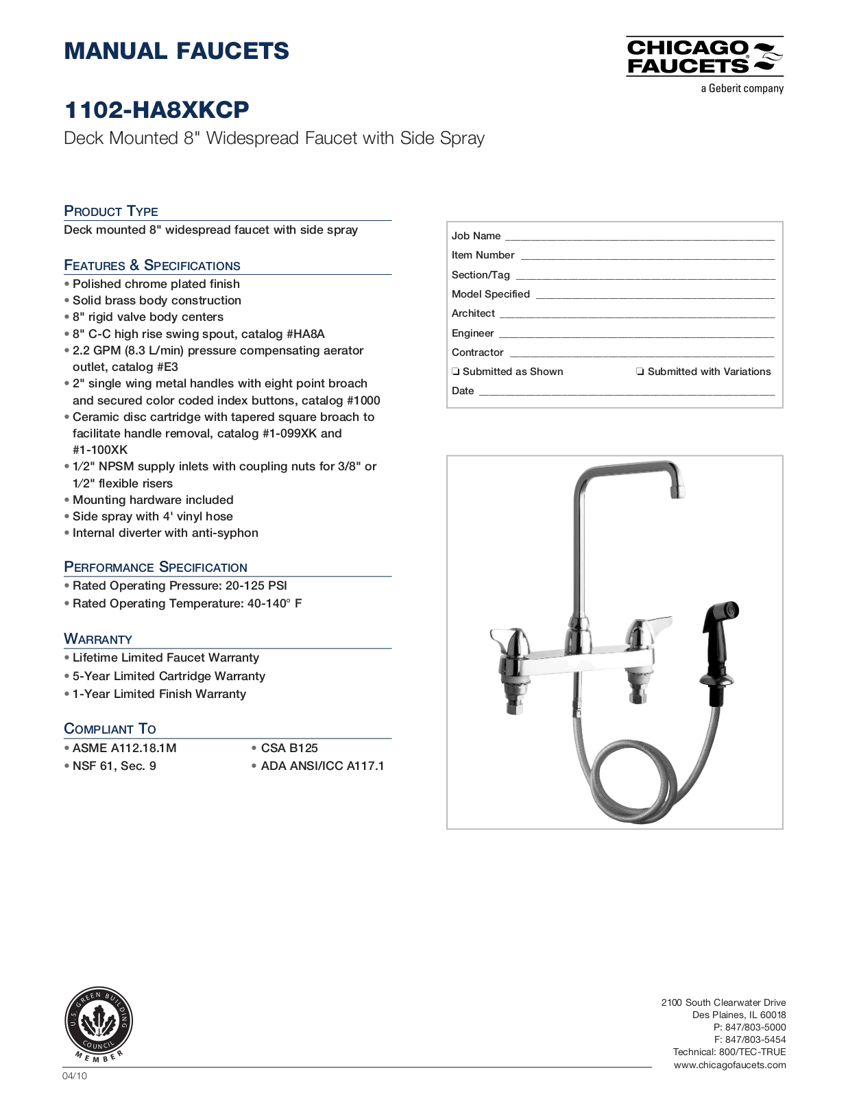 Chicago Faucet 1102-HA8XK Specifications