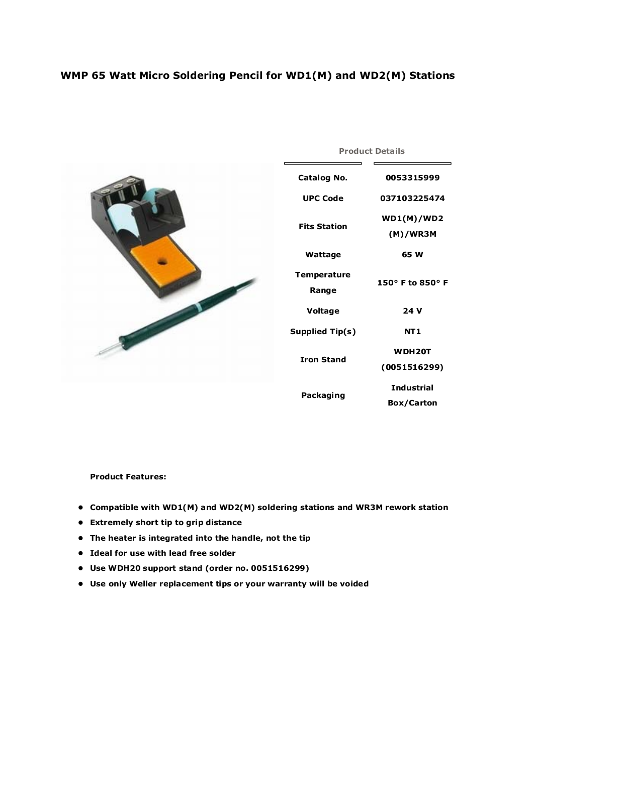 Weller - Apex Tool Group 0053315999 Data Sheet