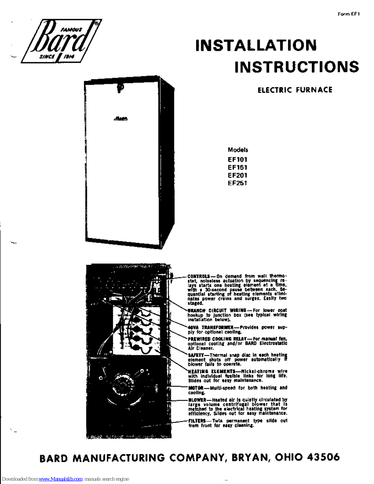 Bard EF101, EF201, EF251, EF151 Installation Instructions Manual