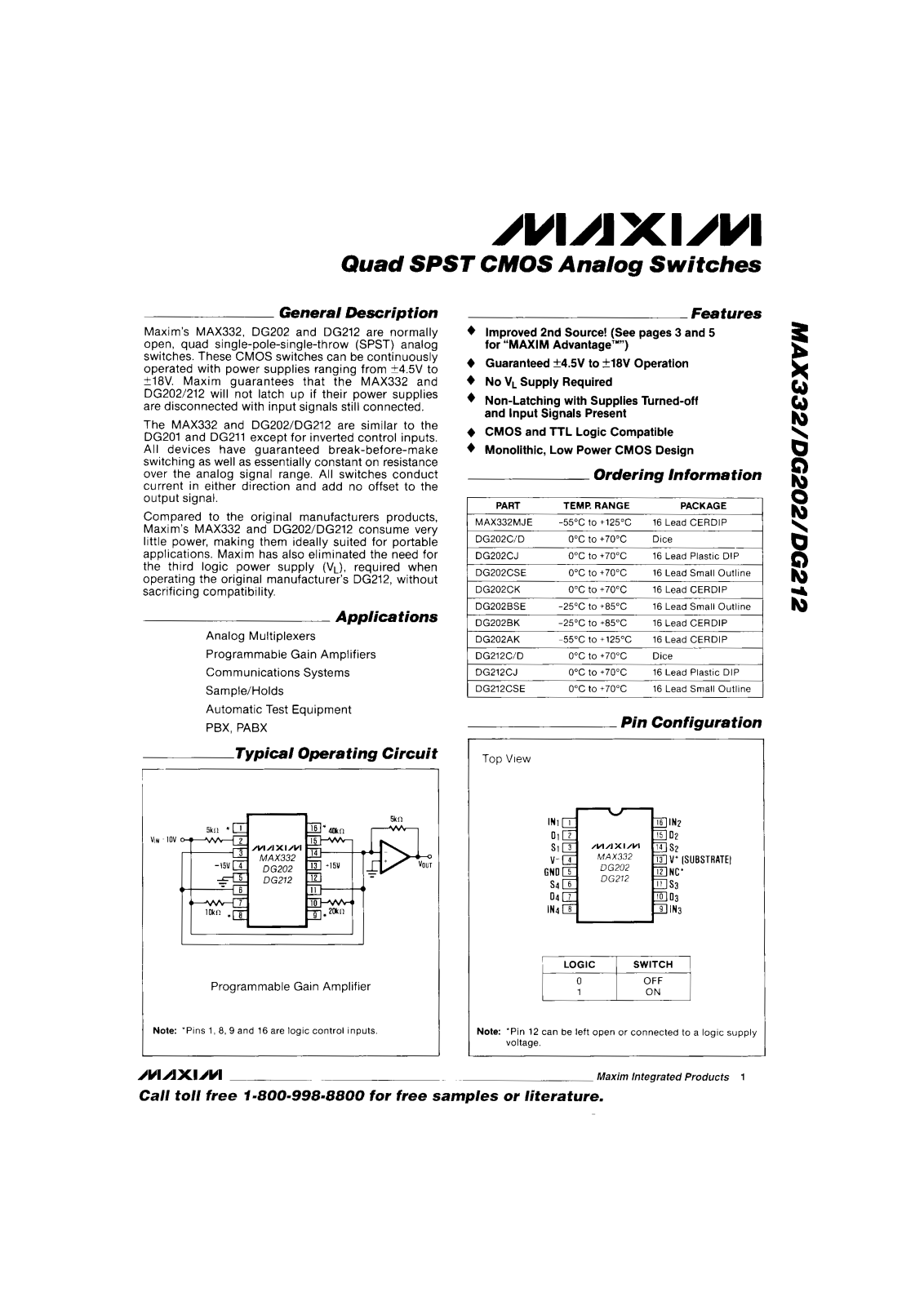 Maxim Integrated Producs DG202BK, DG202AK, DG202CSE, DG202CK, DG202CJ Datasheet