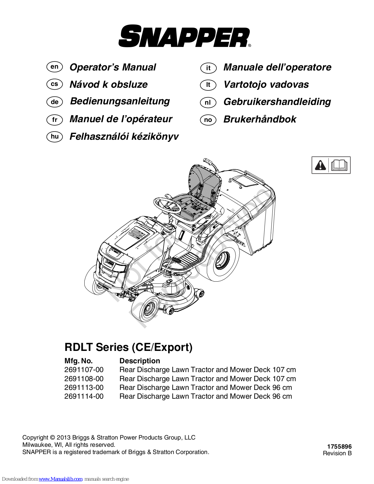 Snapper RDLT Series Operator's Manual