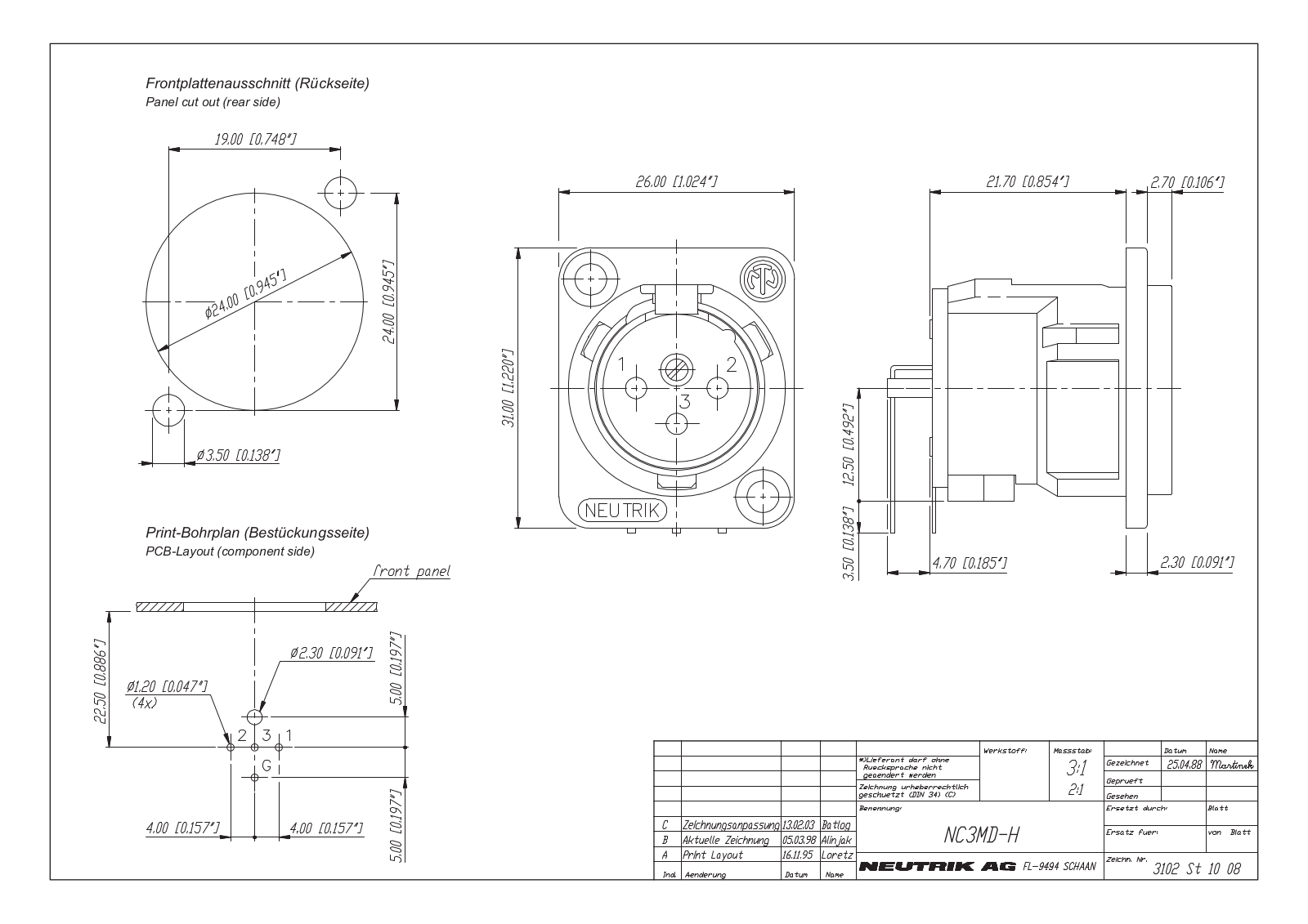 Neutrik NC3MD-H Specifications