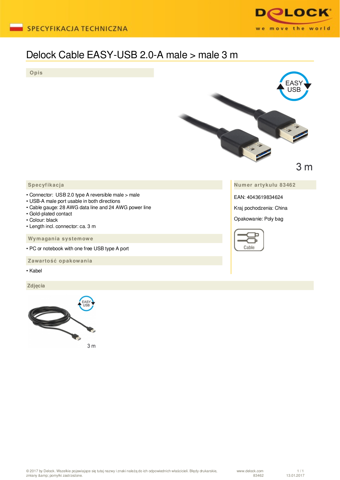 DeLOCK EASY-USB 2.0 cable, USB-A  plug  to USB-A  plug , 3m User Manual