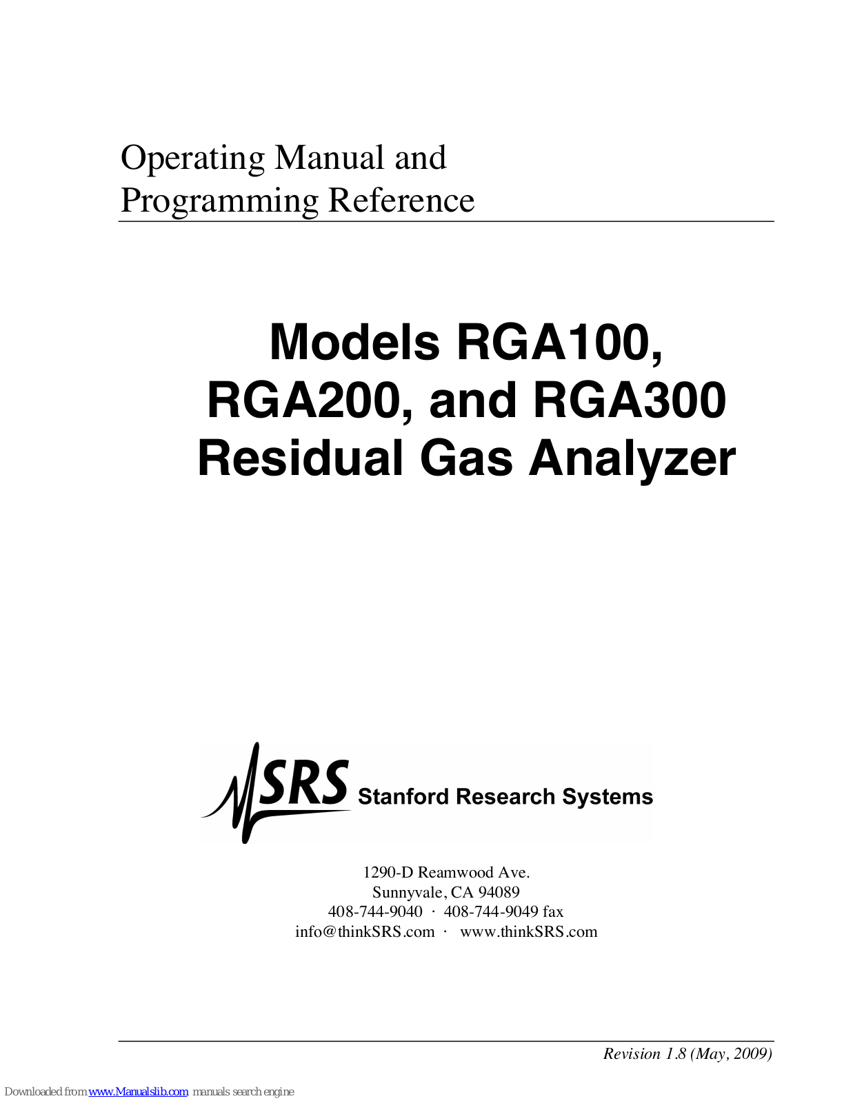 Stanford Research Systems RGA100, RGA300, RGA200 Operating Manual And Programming Reference