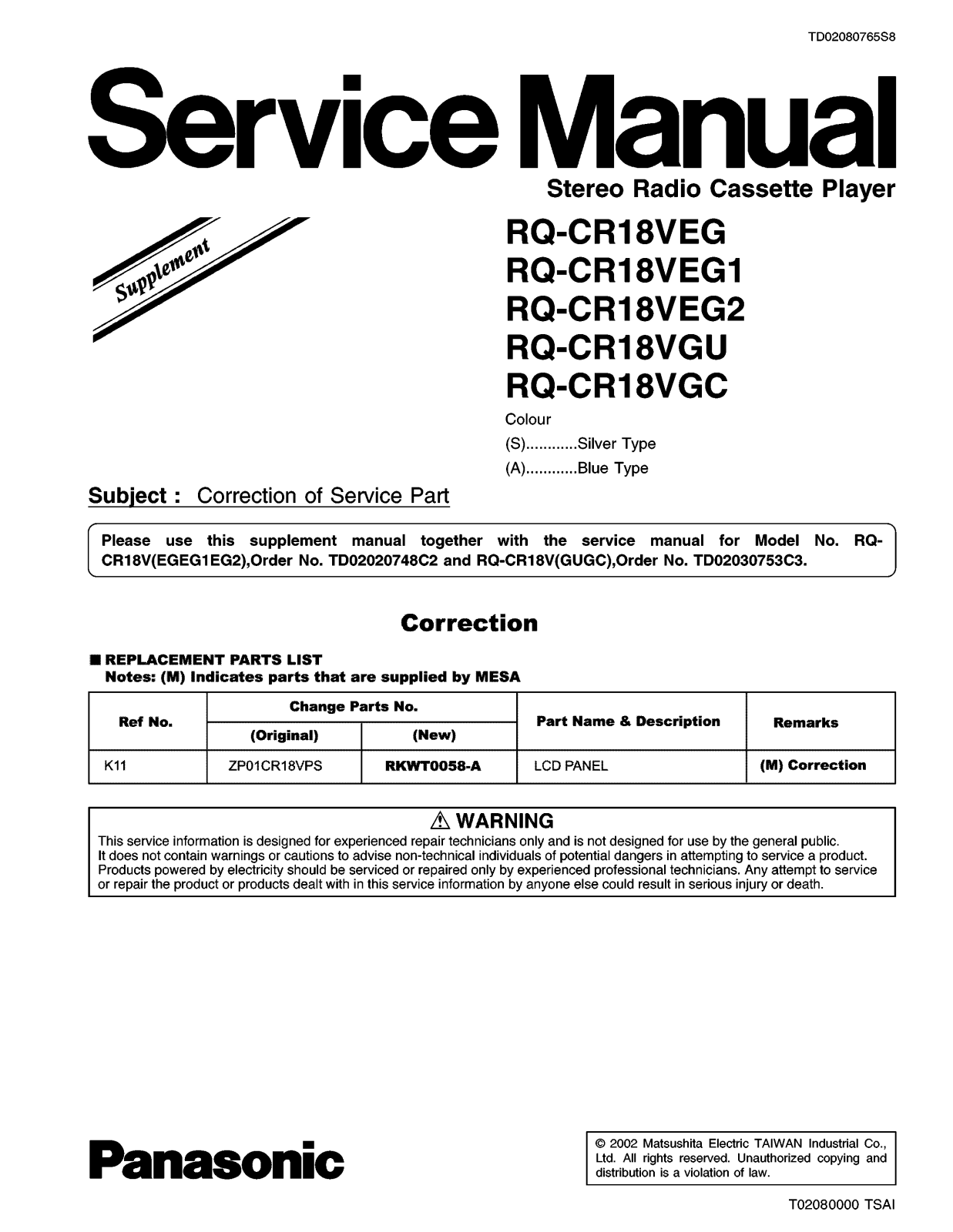 Panasonic RQ-CR18 Service Manual