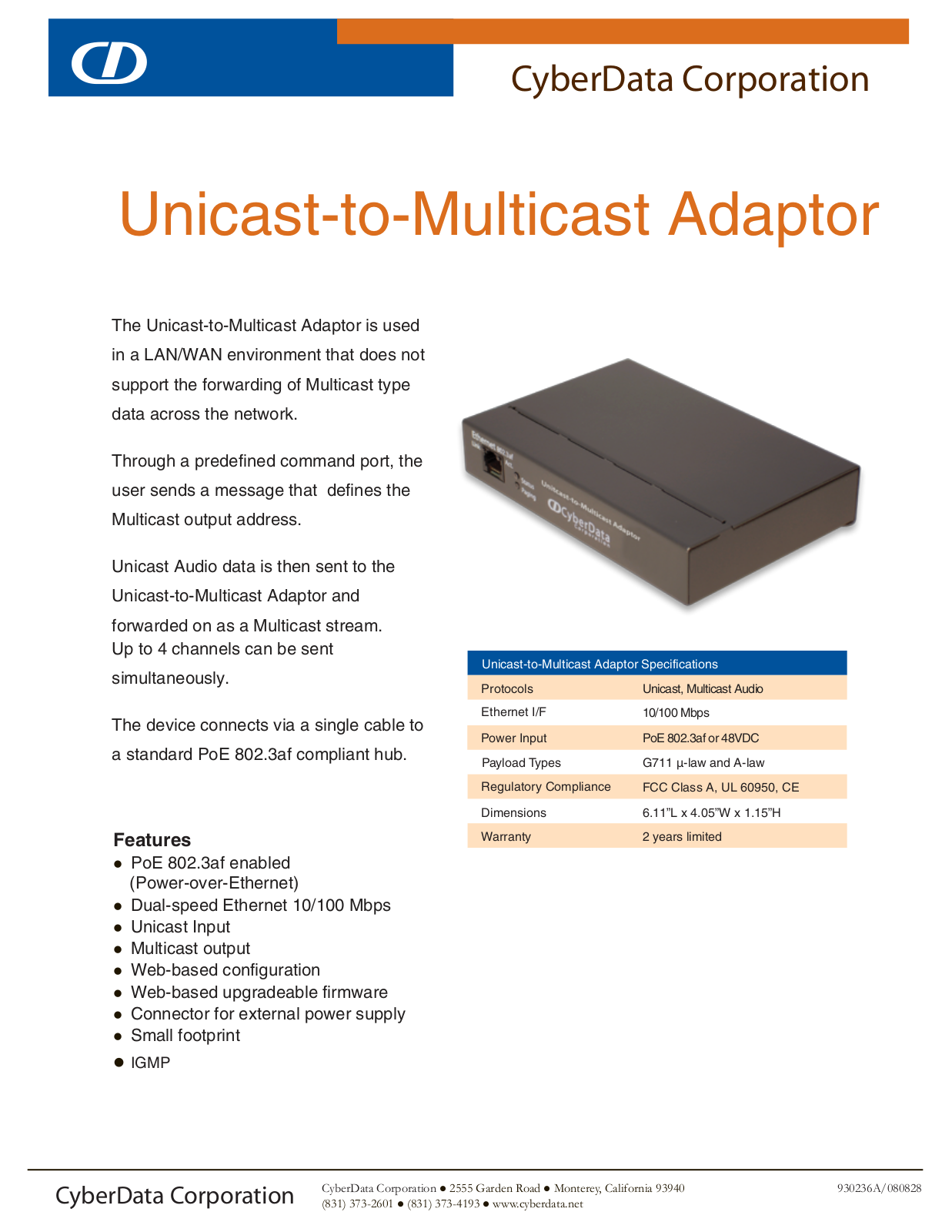 CyberData Unicast-to-Multicast Adaptor Specification Sheet