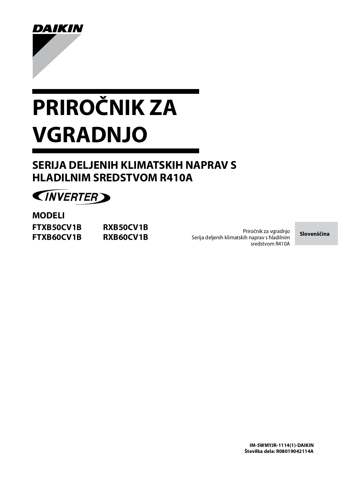 Daikin FTXB50CV1B, RXB50CV1B, FTXB60CV1B, RXB60CV1B Installation manual