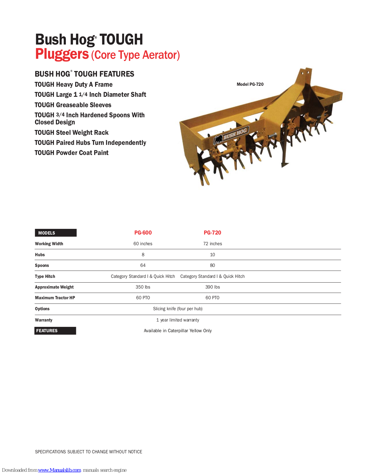 Bush Hog TOUGH PG-600, TOUGH PG-720 Specifications