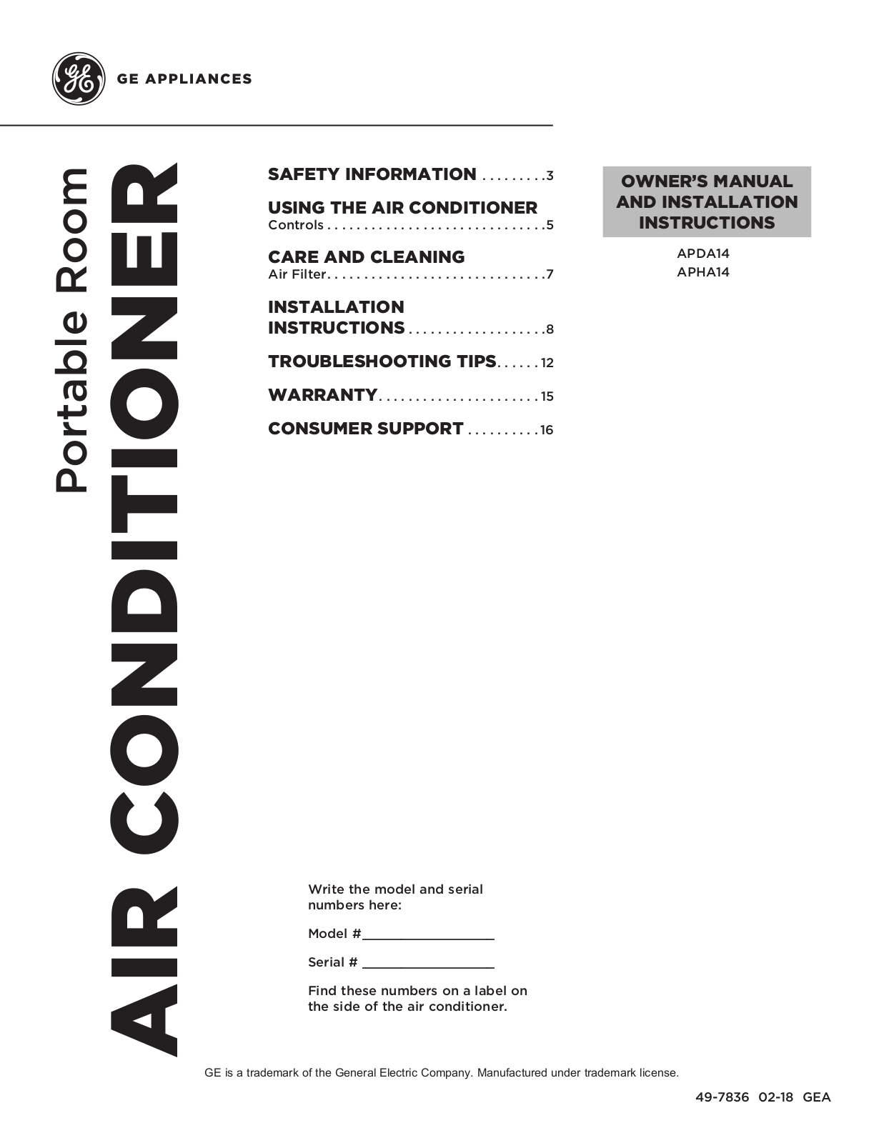 GE APDA14NXMB, APHA14NXMB User Manual