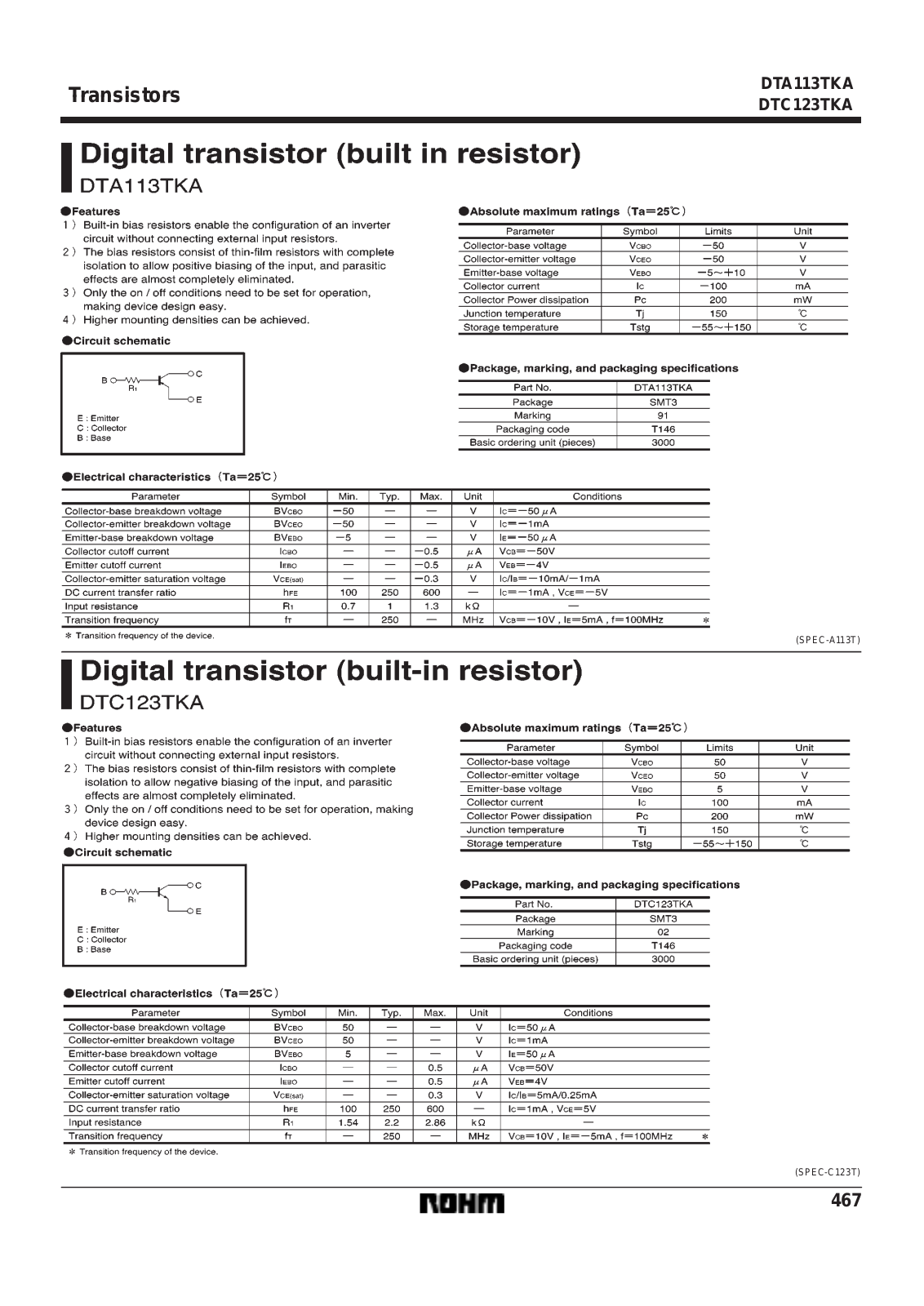 ROHM DTA123TKA, DTA113TKA Datasheet