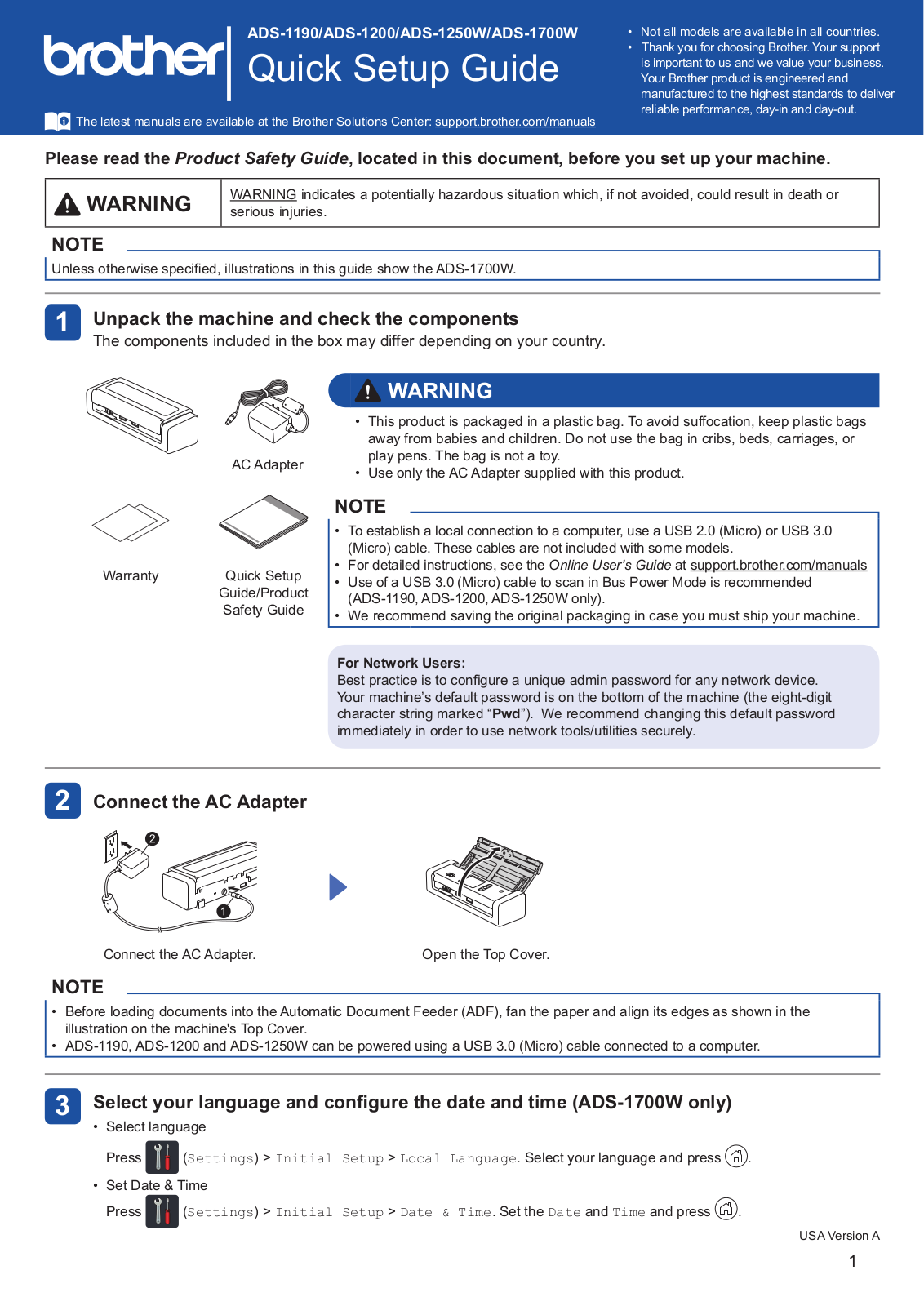 Brother ADS-1190, ADS-1200, ADS-1250W, ADS-1700W Setup Guide