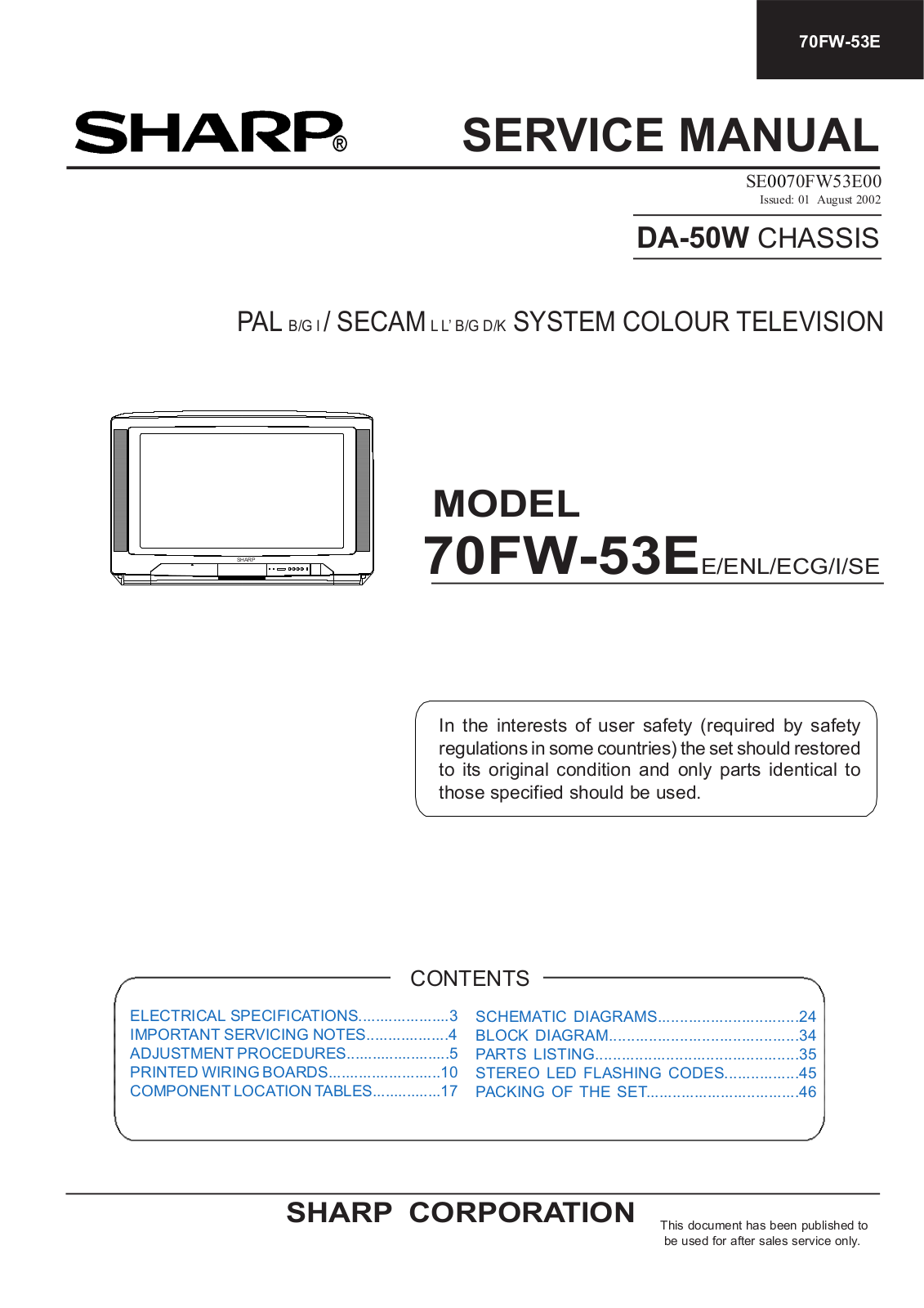 SHARP 70FW-53EE, 70FW-53ENL, 70FW-53ECG, 70FW-53I, 70FW-53SE Service Manual