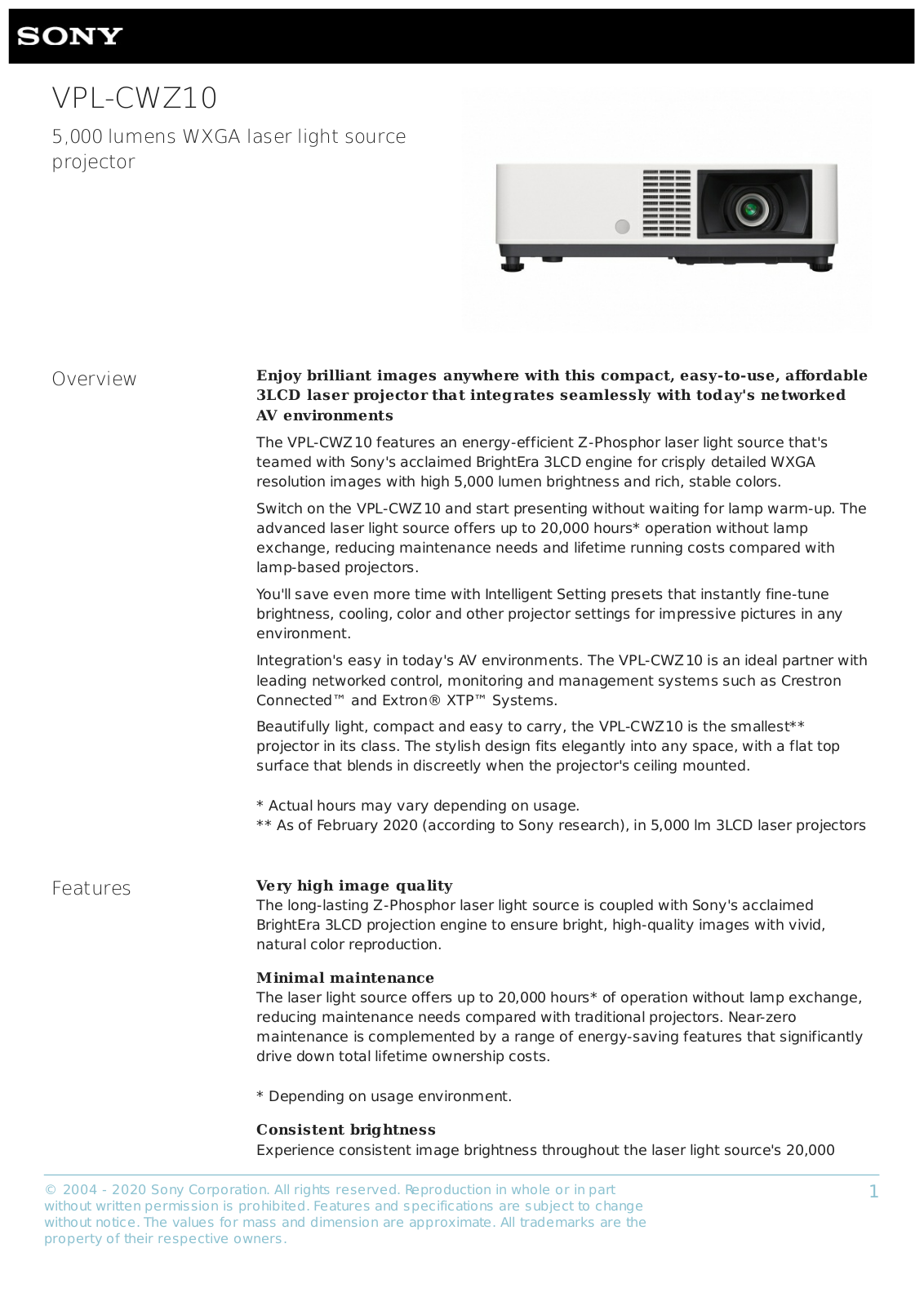 Sony VPL-CWZ10 Product Sheet