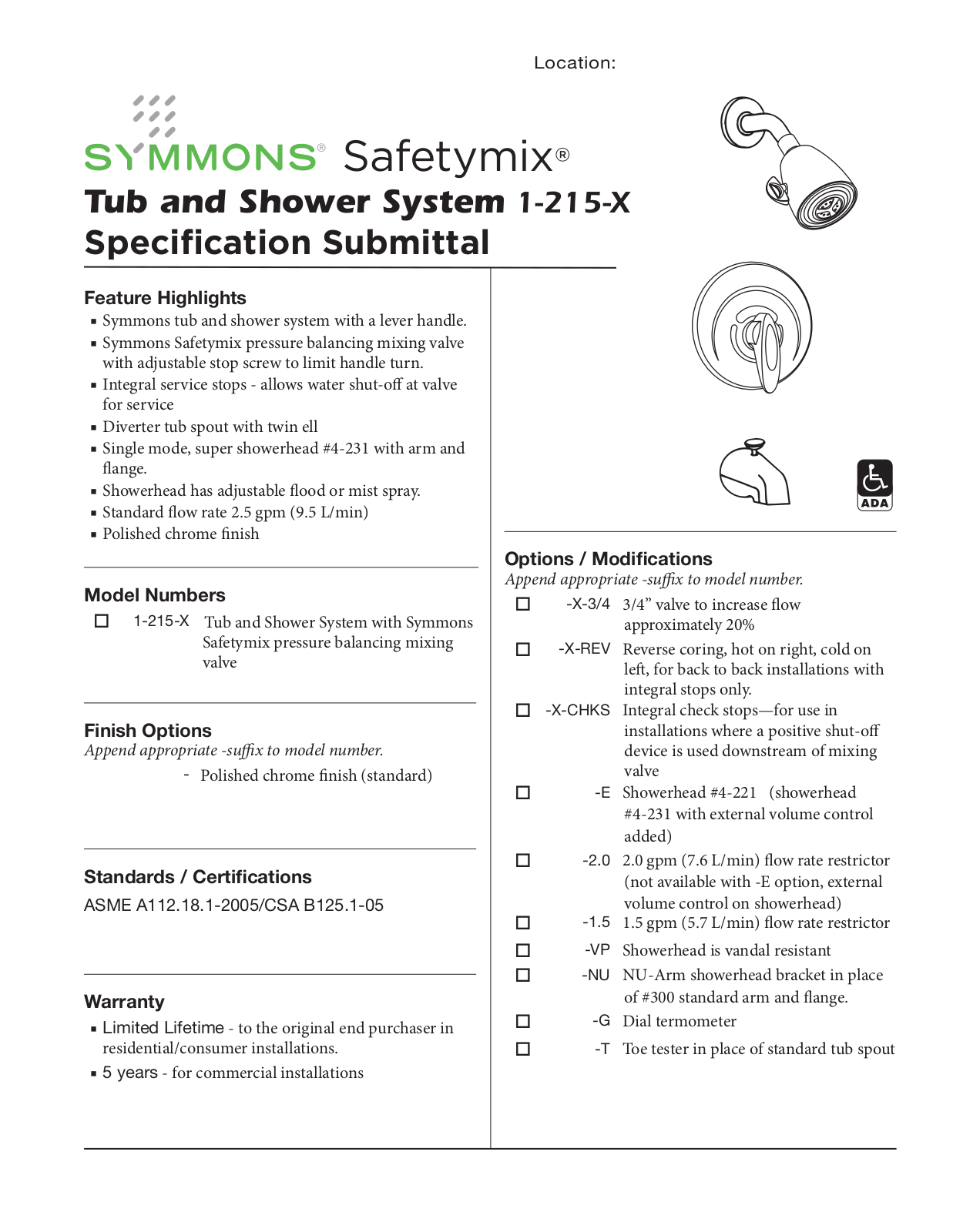 Symmons 1-215-X User Manual