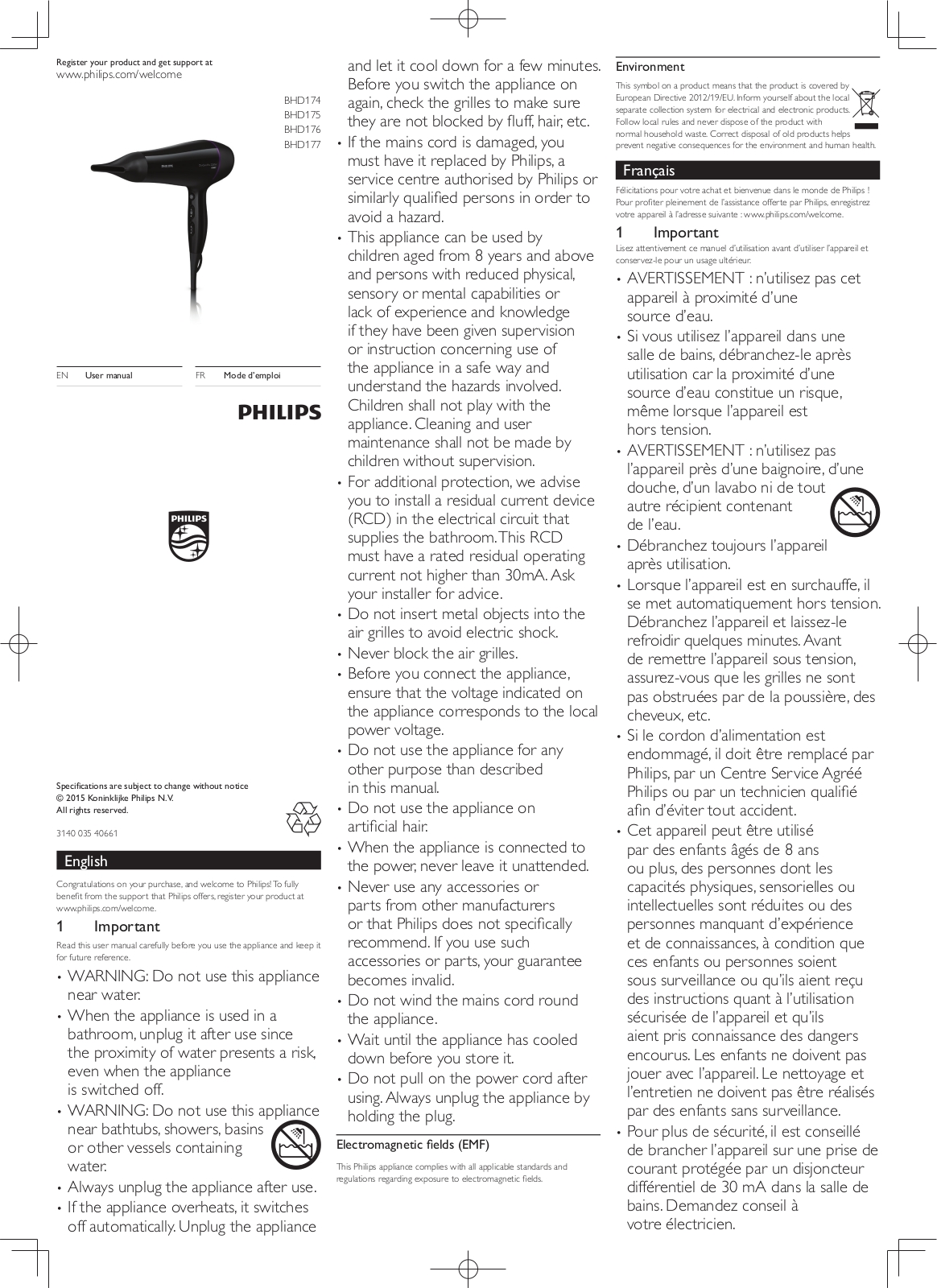 PHILIPS BHD174 User Manual