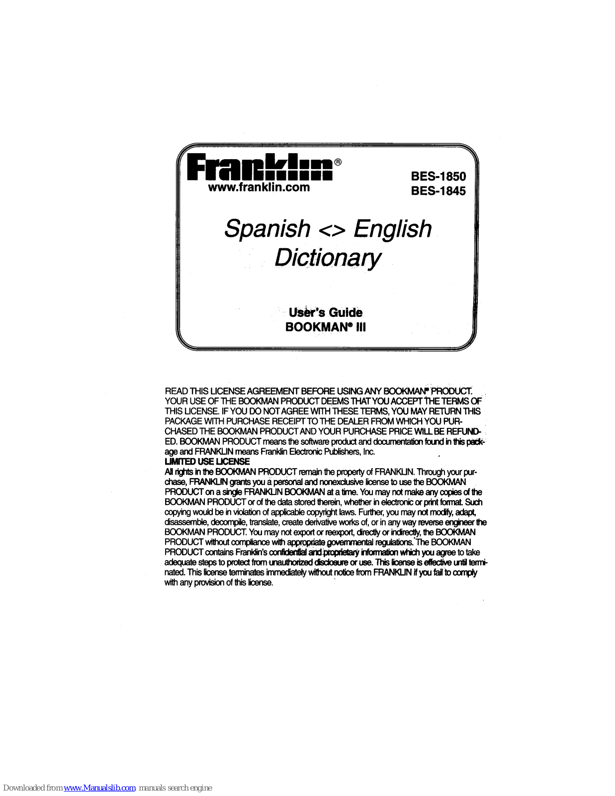 Franklin BOOKMAN III BES-1850, BOOKMAN III BES-1845 User Manual