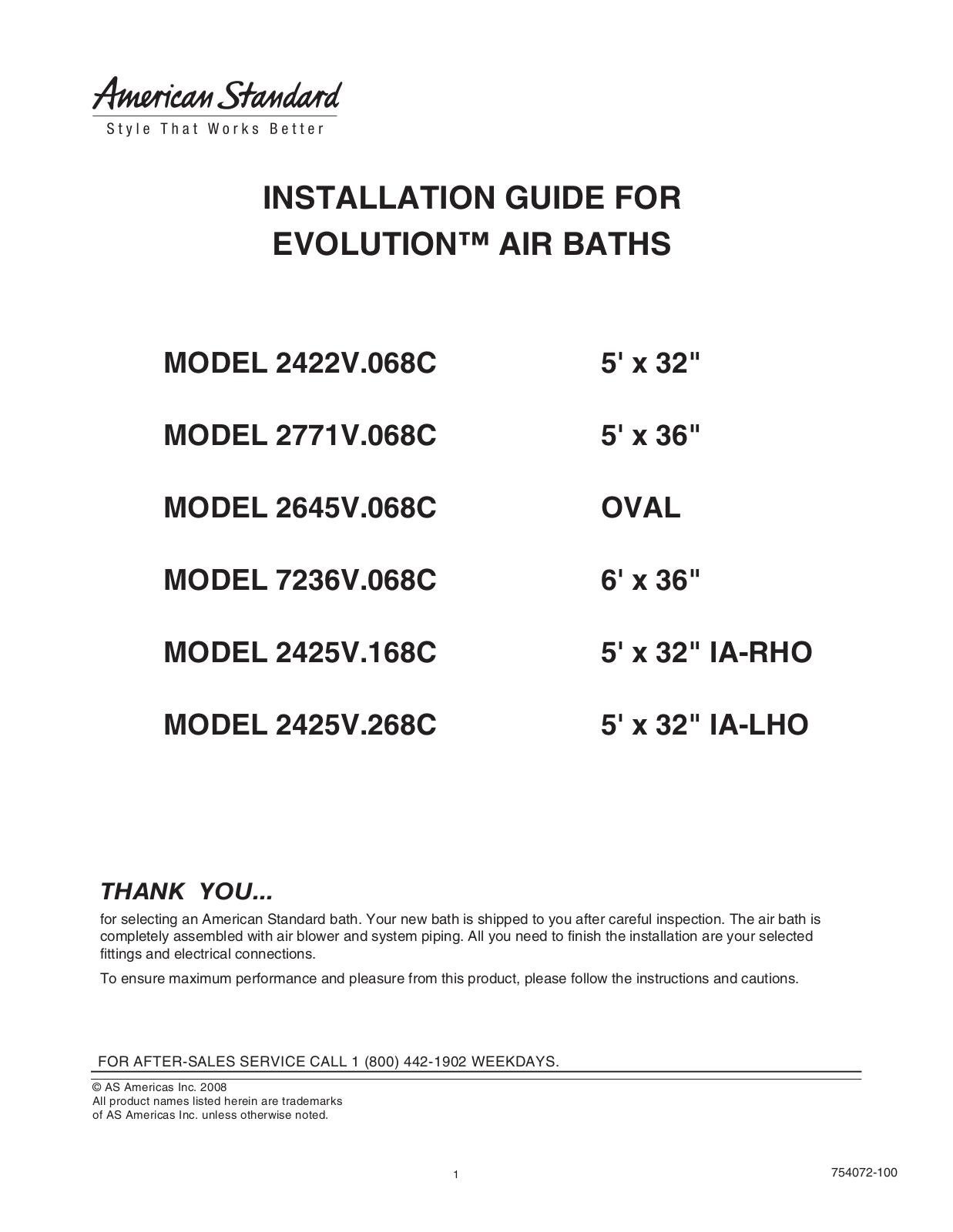 American Standard 2422V.068C, 2425V.268C, 2645V.068C, 2425V.168C, 7236V.068C User Manual