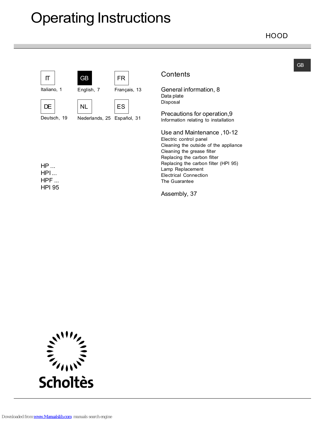 SCHOLTES HP Series,HPF Series,HPI Series,HPI 95 Operating Instructions Manual