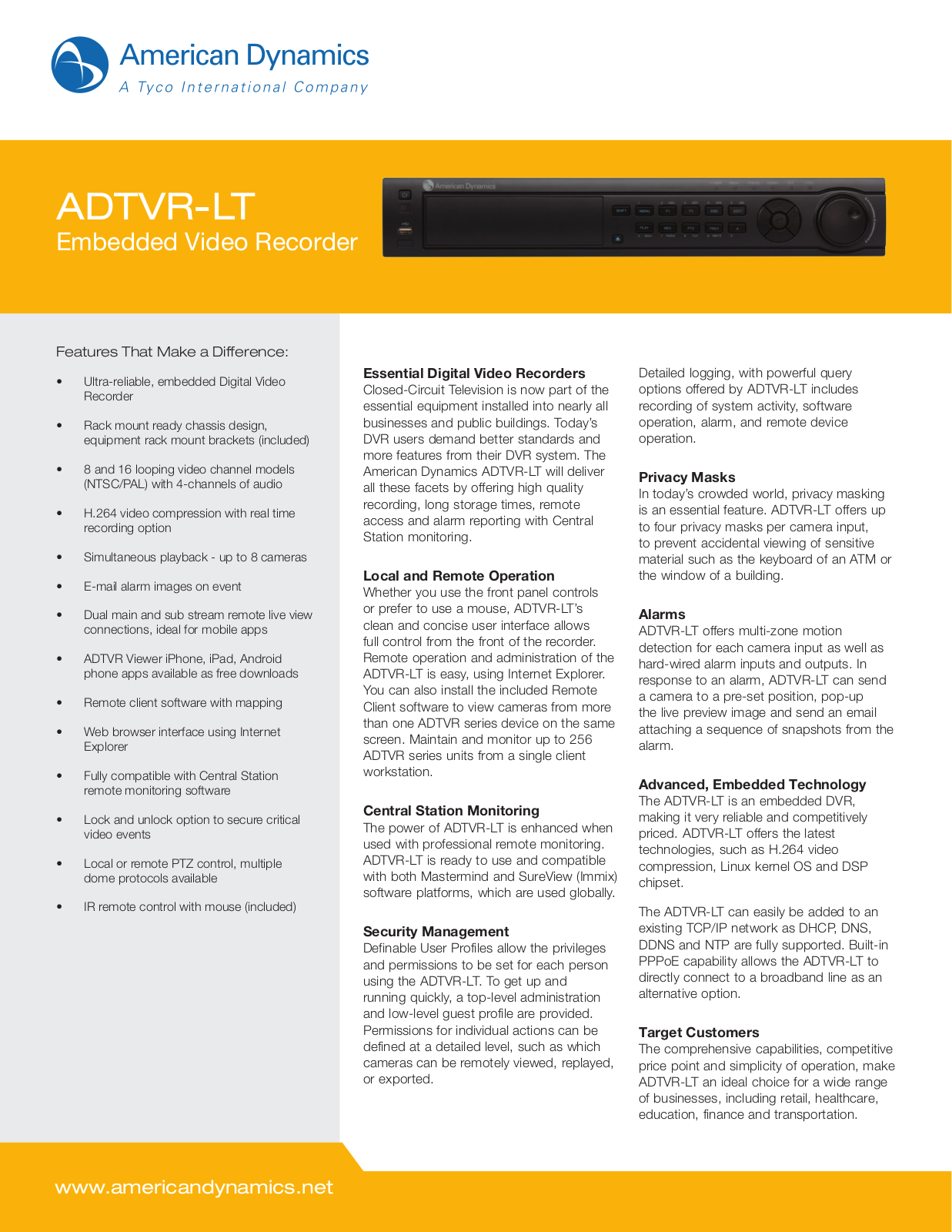 American Dynamics ADTVRLT08000, ADTVRLT08200, ADTVRLT16100, ADTVRLT16200 Specsheet