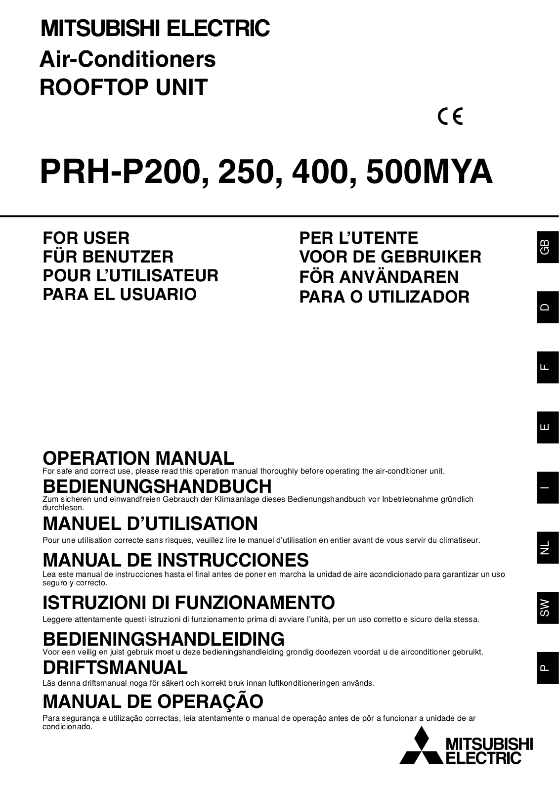 Mitsubishi PRH-P200, PRH-P250, PRH-P400, PRH-P500MYA User Manual
