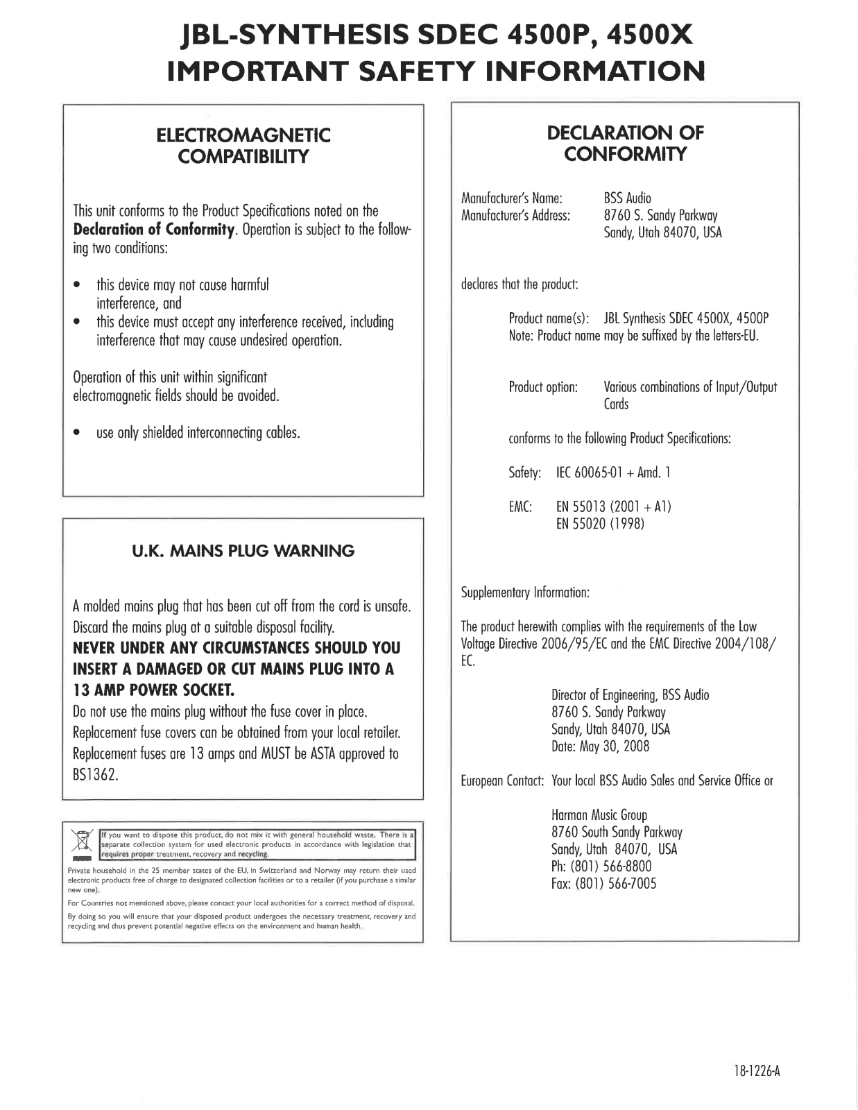 Jbl SDEC4500P, SDEC 4500 User Manual