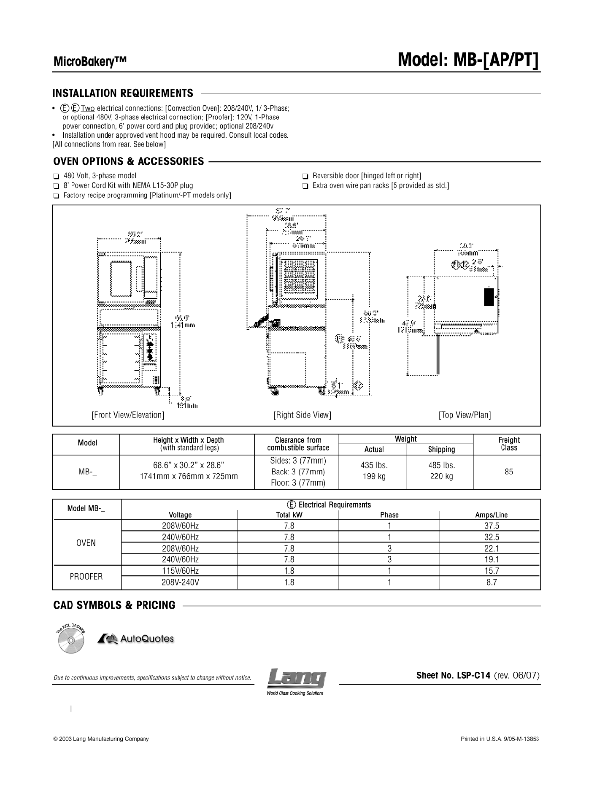 Lang MB-AP, MB-PT General Manual