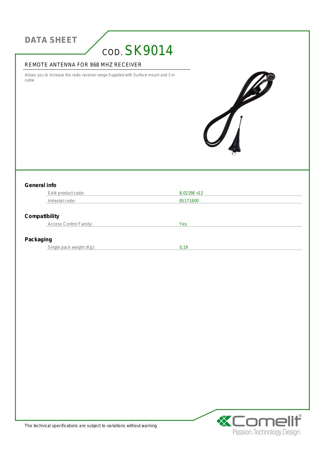 Comelit SK9014 Specsheet