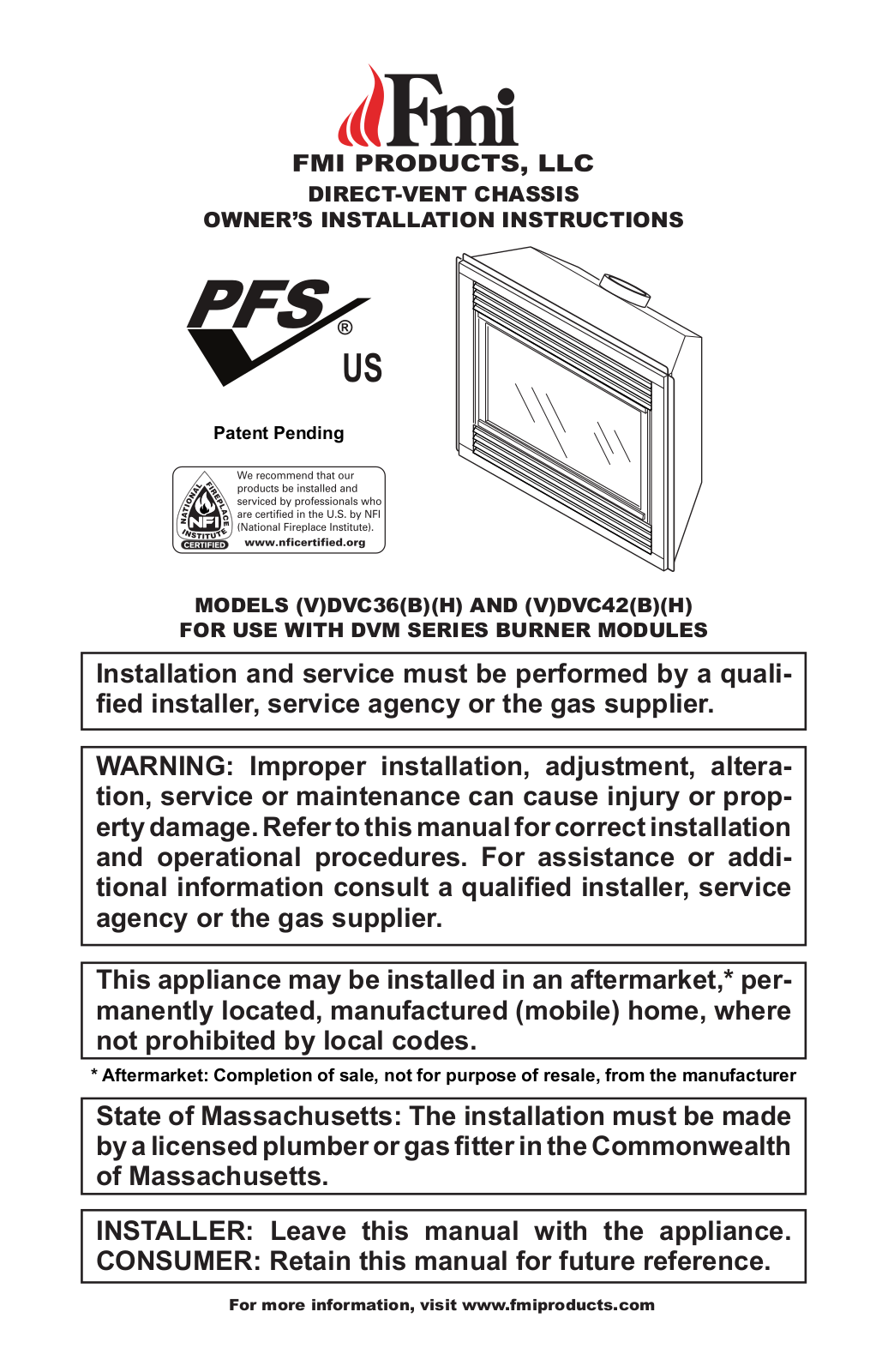 FMI DVC36B, DVC36H, DVC42B, VDVC36B, VDVC42B Owner's Installation Instructions Manual