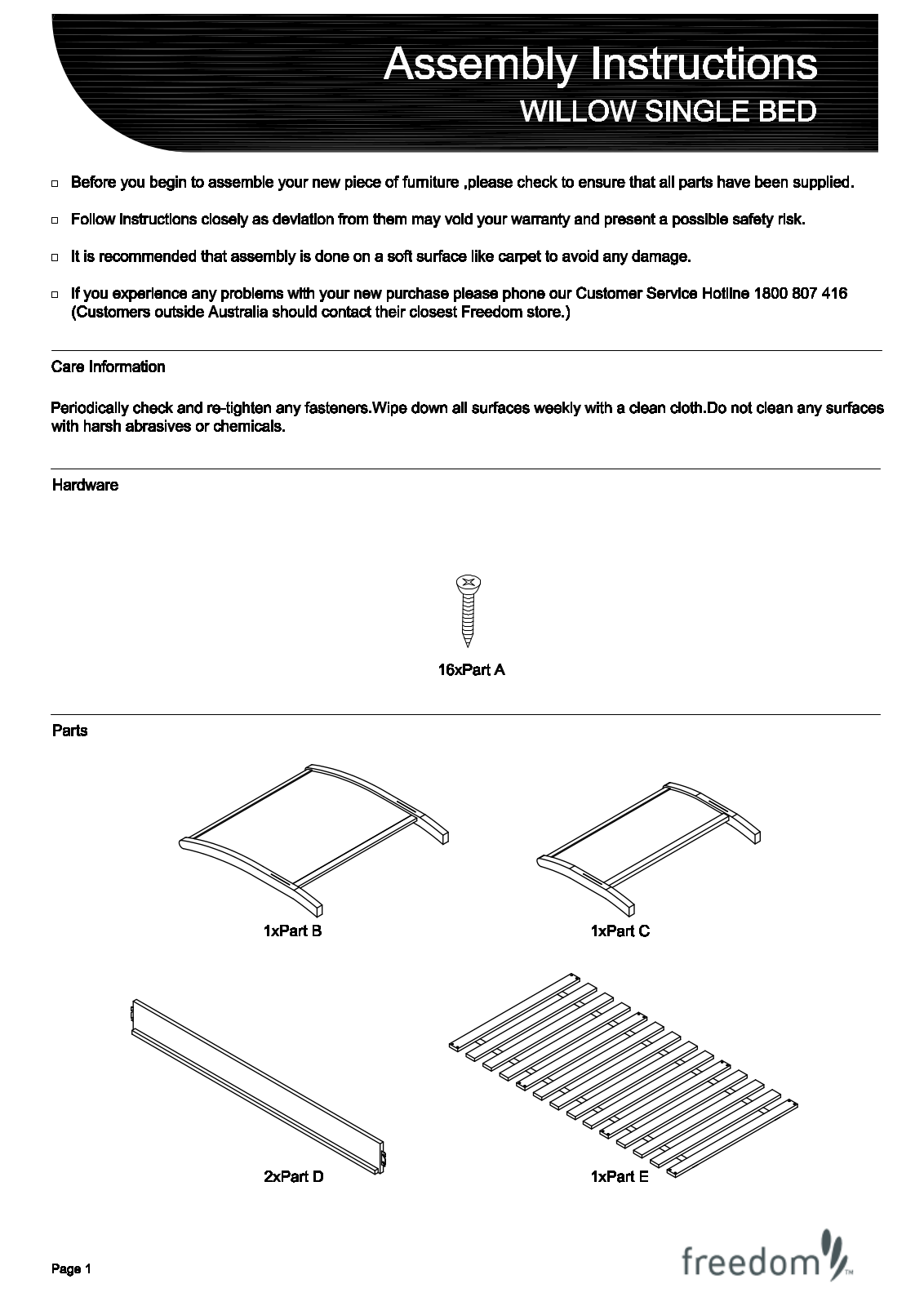 Freedom Willow Single Bed Assembly Instruction