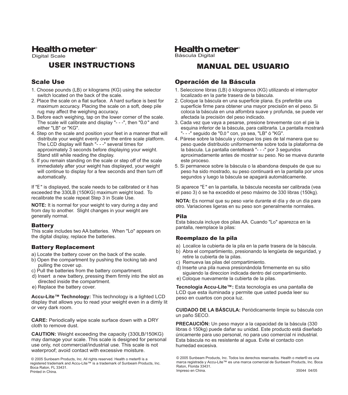 Health o meter HDL543-95 Owner's Manual