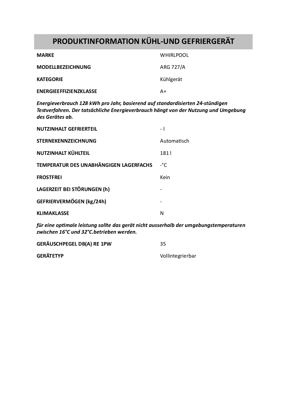 Whirlpool ARG 727/A INSTRUCTION FOR USE