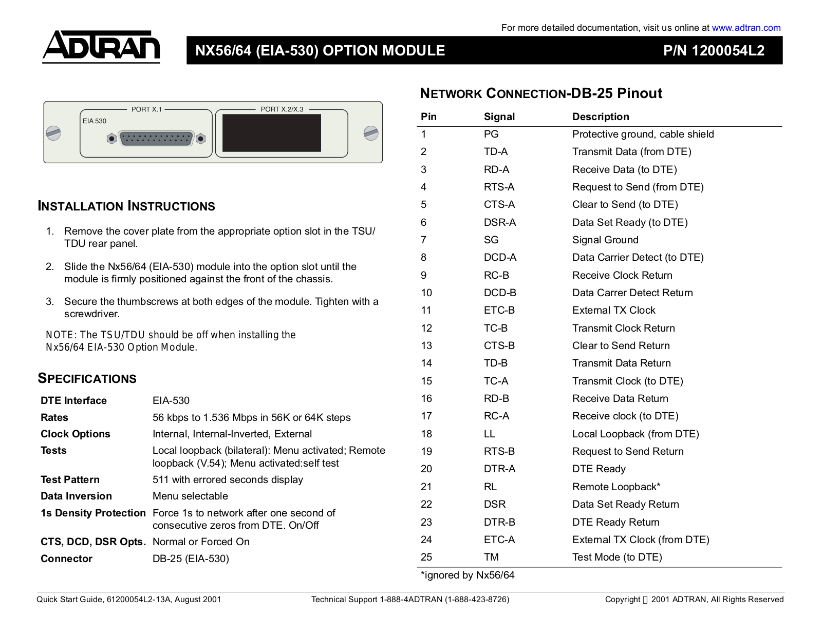 ADTRAN NX56/64 (EIA-530) OPTION MODULE Quick Start Guide