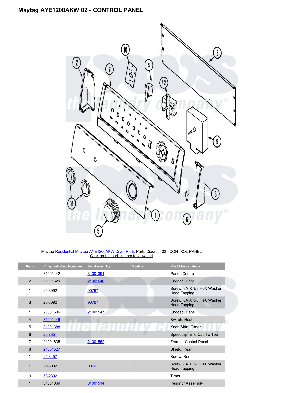 Maytag AYE1200AKW Parts Diagram