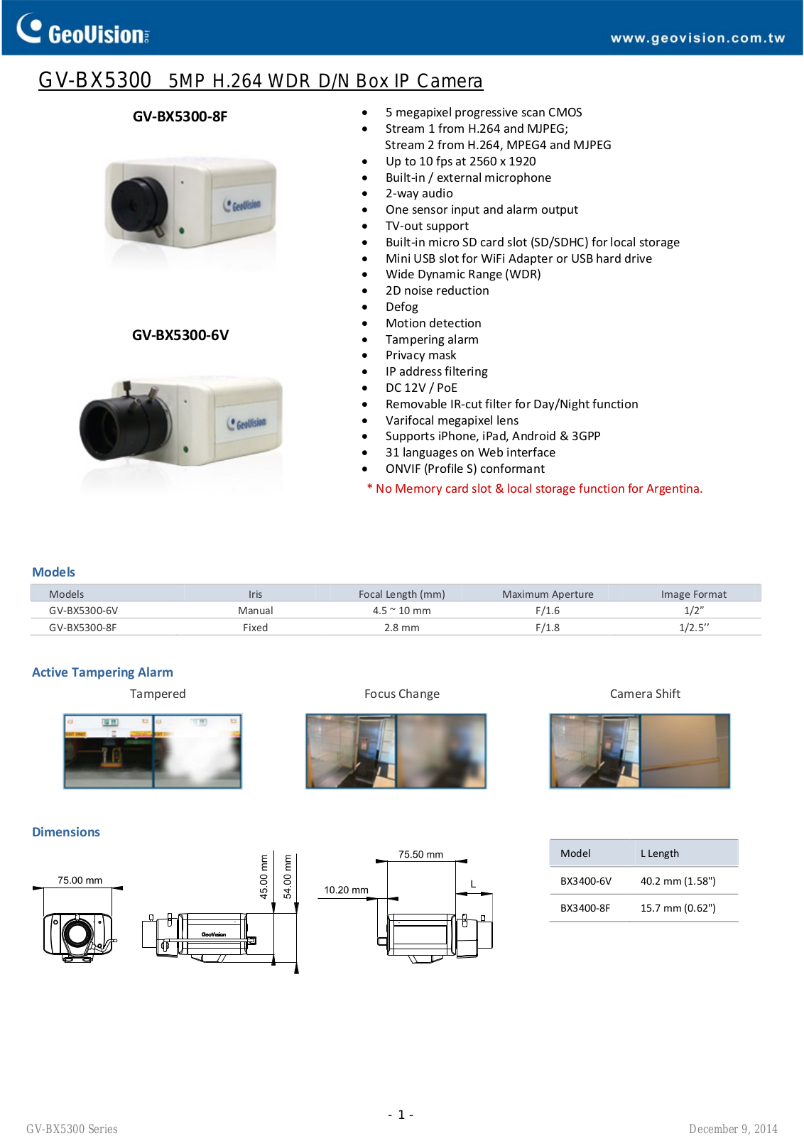 Geovision GV-BX5300 Specsheet