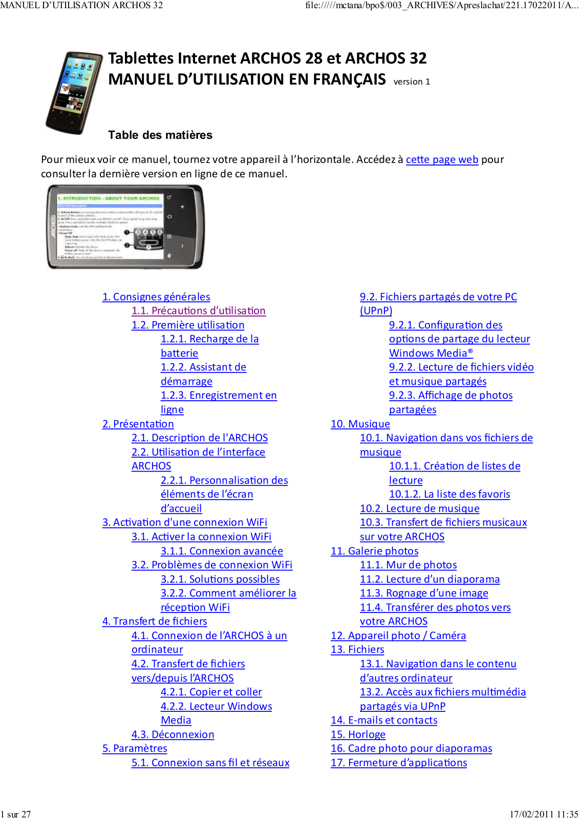 ARCHOS 32 Internet Tablet 8 Go User Manual