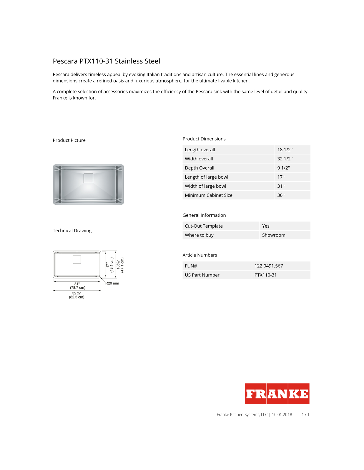 Franke PTX11031 Specs