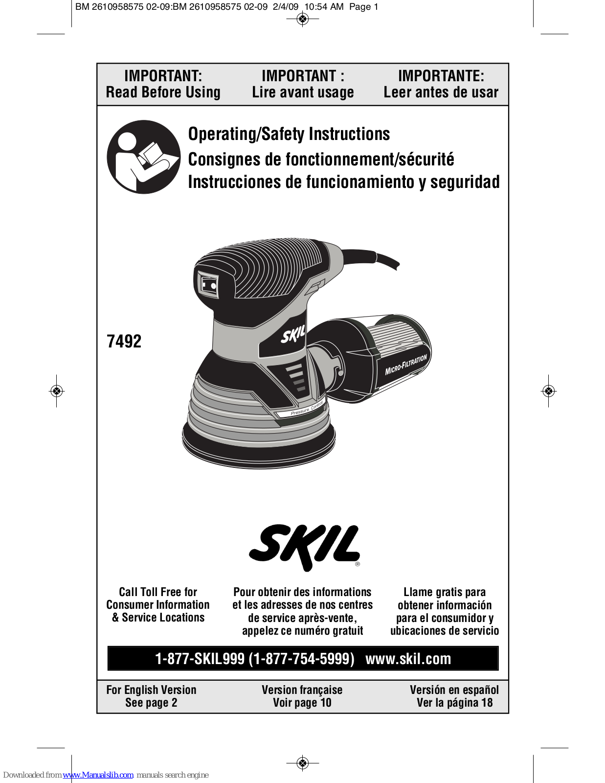 Skil Sander, 7492 Operating/safety Instructions Manual