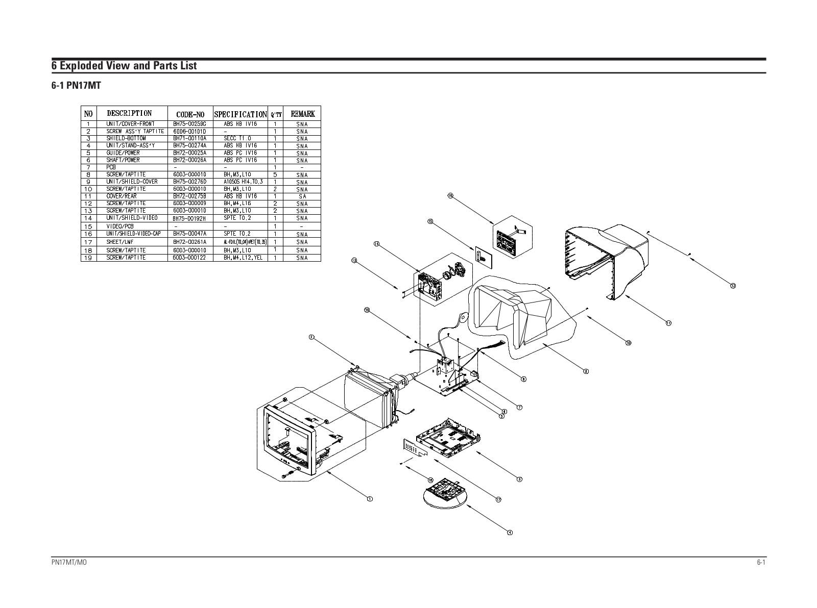 Samsung PN17MT-MO Expoioded View and Parts List