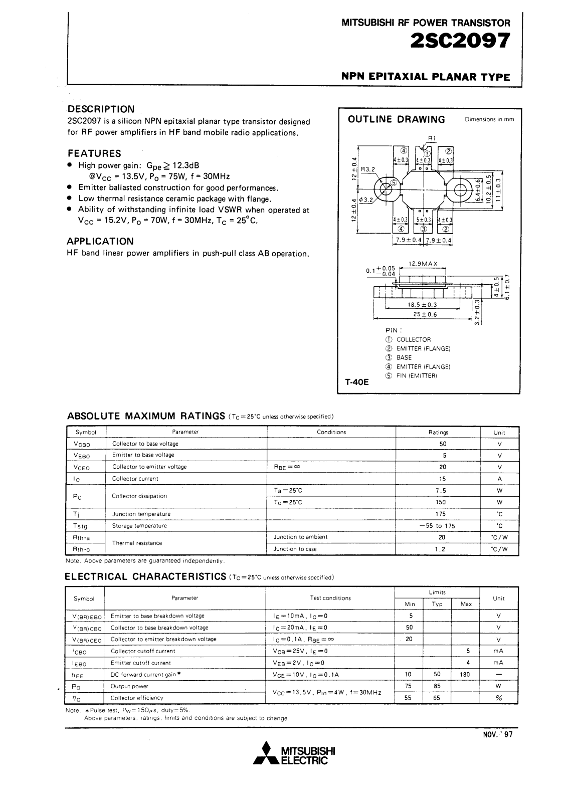 Mitsubishi Electric Corporation Semiconductor Group 2SC2097 Datasheet