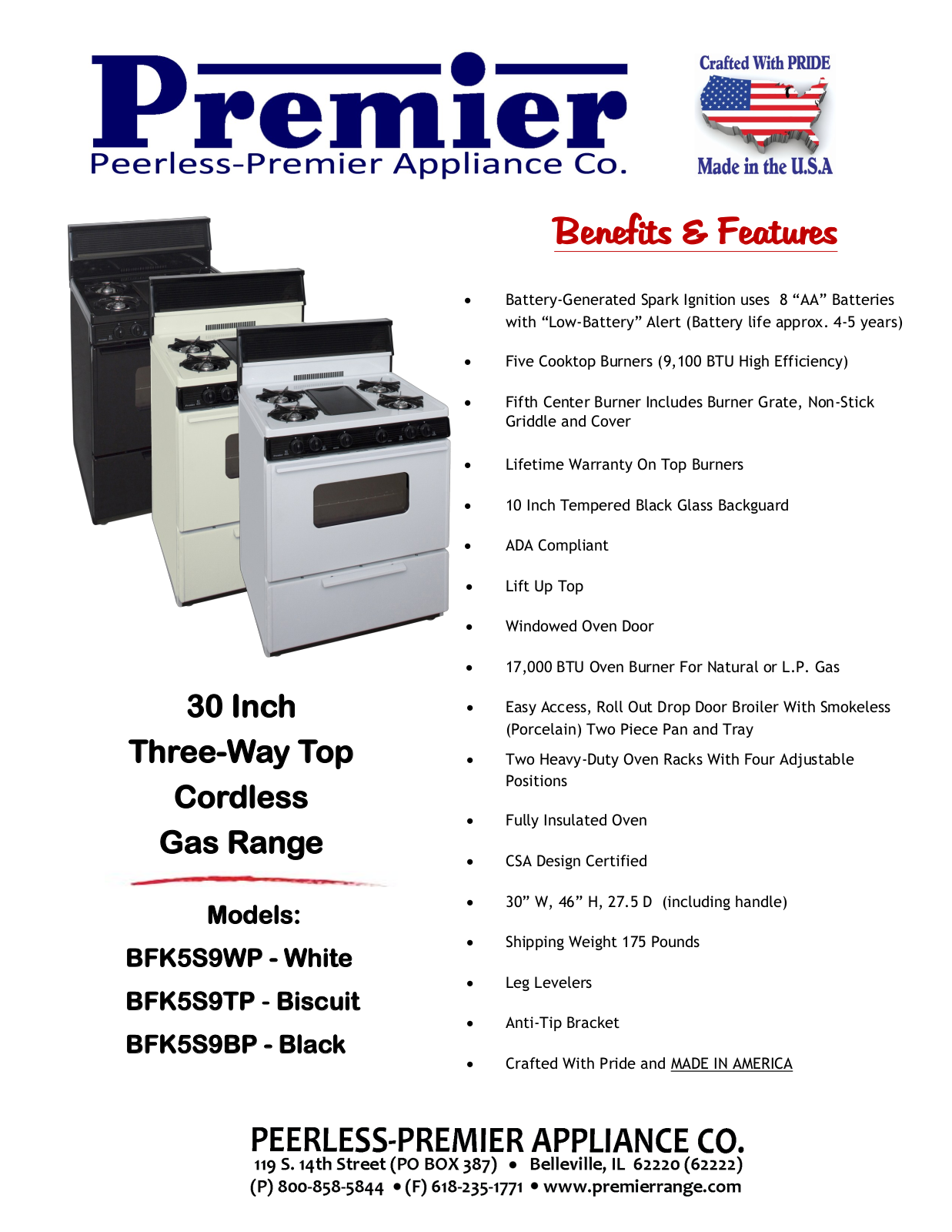 Premier BFK5S9TP, BFK5S9BP, BFK5S9WP Specifications - ManualMachine.com